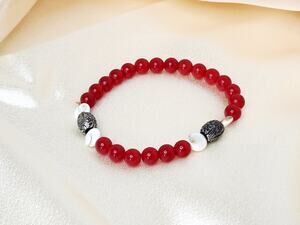 Vintage Red Agate Gemstone Bracelet Shiva Eye Flower Floral Charm Stretch